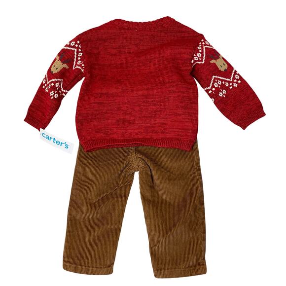 Carter's Baby Boys Fair Isle Sweater & Corduroy Pants Set Red Brown Holiday NWT - Picture 2 of 7